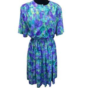 Vintage 80s Anthony Richards Blue Green Geometric Unique Pleated Dress Large 14